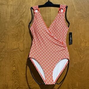Carmen Marc Valvo Geometric One-Piece Swimsuit Papaya Red/White - Size 10 - NWT